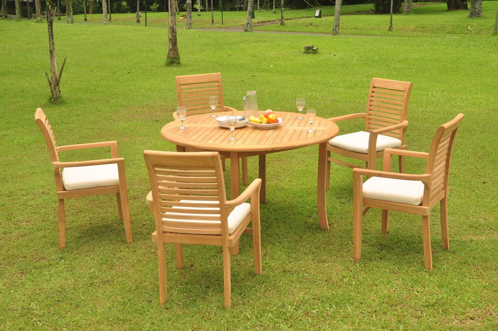 6-Piece Outdoor Teak Dining Set: 52" Round Table, 5 Mas Stacking Arm Chairs
