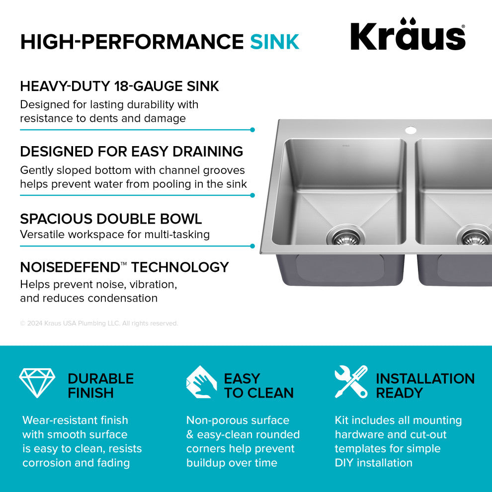 KRAUS Fairlane 33" Drop, / Top Mount 2-Bowl Stainless Steel Kitchen Sink