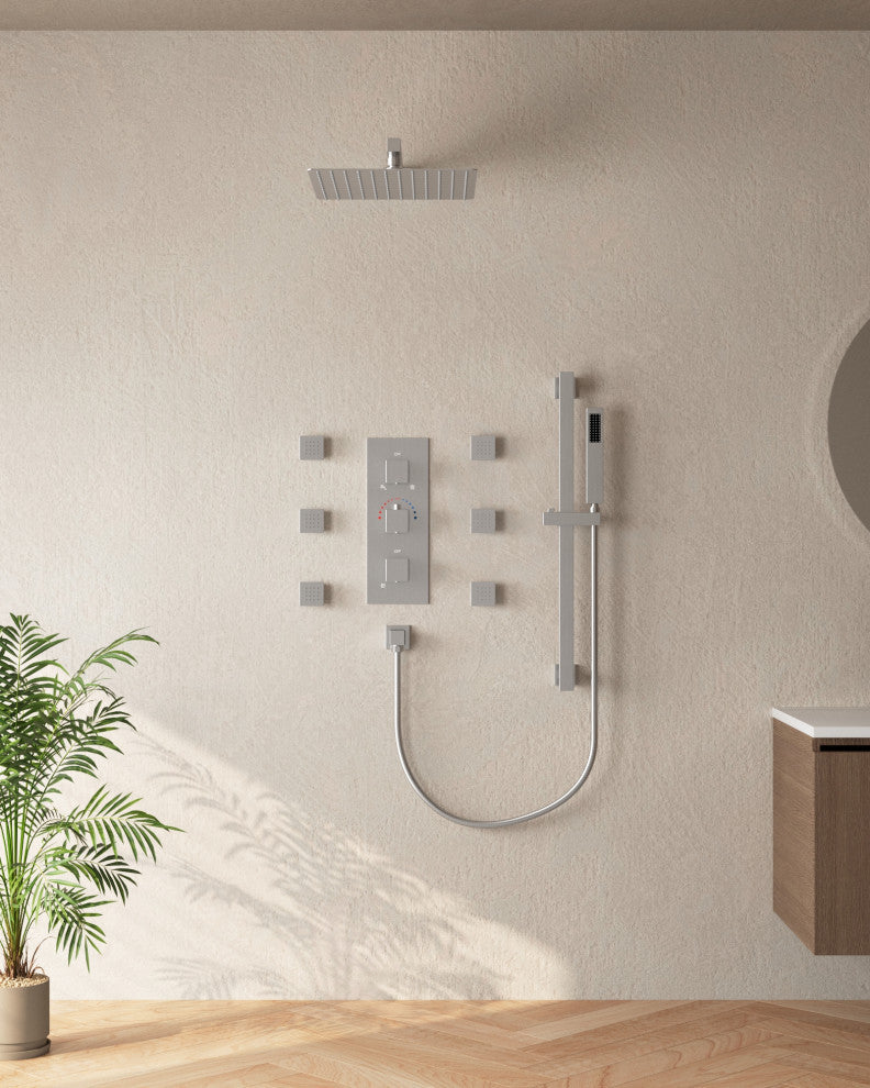 Thermostatic Shower Faucet 12" Rain Shower Head with Handheld Slide Bar System, Brushed Nickel