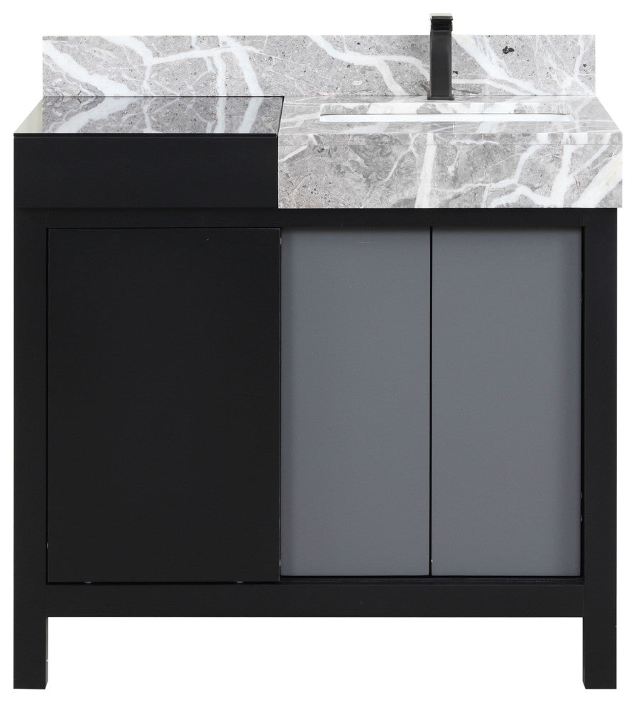 Zilara 36 Black, Grey Vanity, Grey Marble Top, Square Sink, Gun Metal Faucet Set