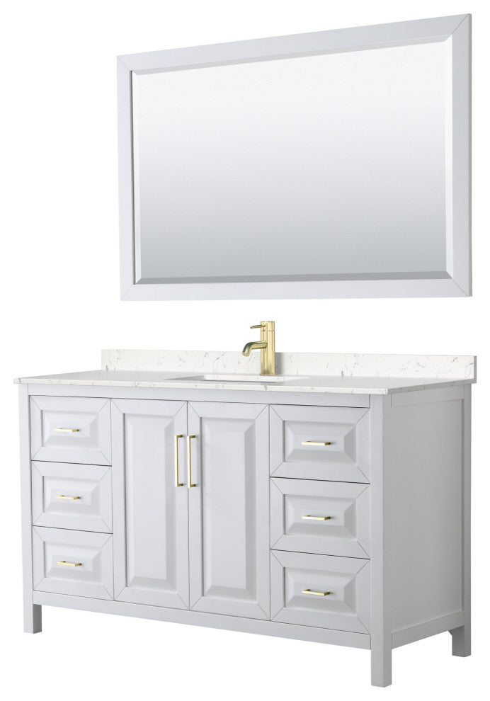 60" Single Vanity White, LV Carrara Cult. Marble Top, Sink, 58"Mirror, Gold Trim