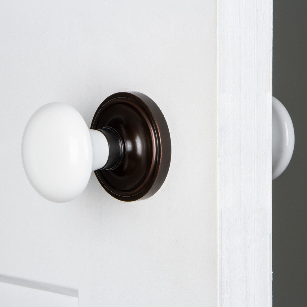 Single Classic Rosette With White Porcelain Knob, Bright Chrome, Timeless Bronze