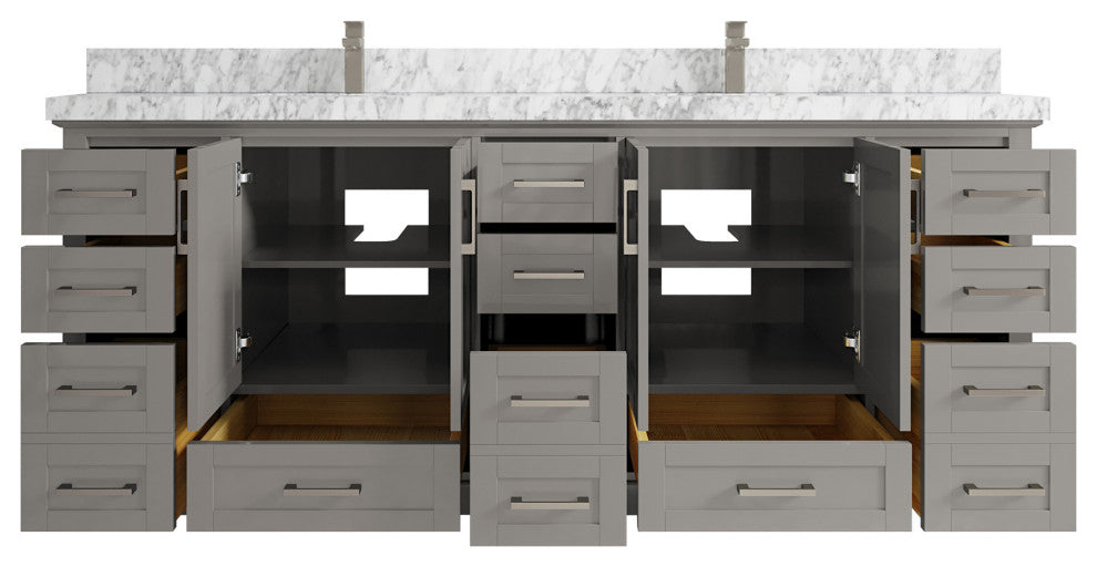Boston 84 Double Sink Bath Vanity in Elephant Skin Gray 2" Carrara Marble