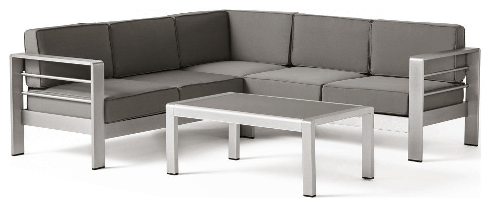 Crested Bay Outdoor Aluminum 5 Seater Sectional Sofa Set with Sunbrella Cushions, Silver/Gray
