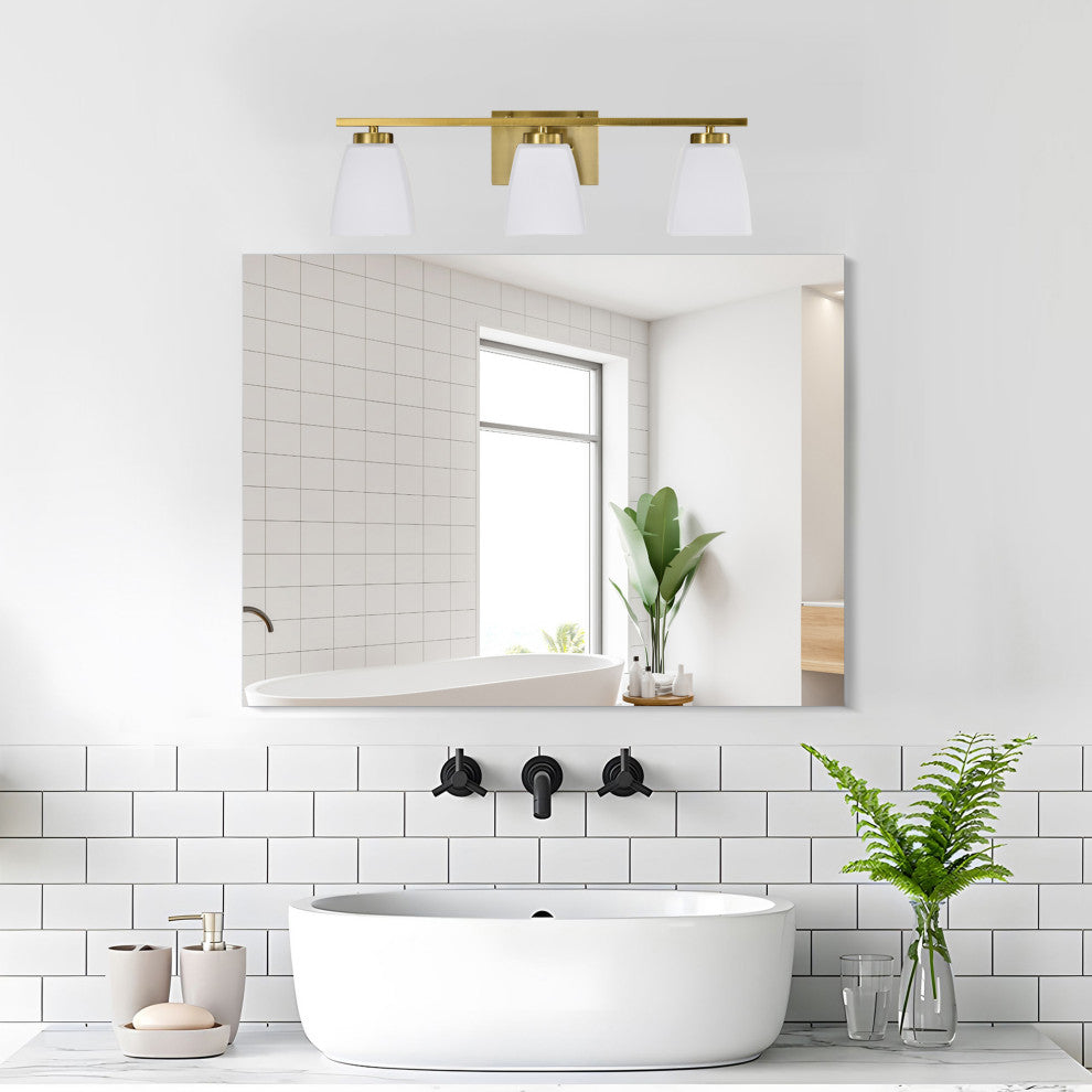 22 in. 3-Light Gold Modern Vanity Light With Square Etched White Glass Shades