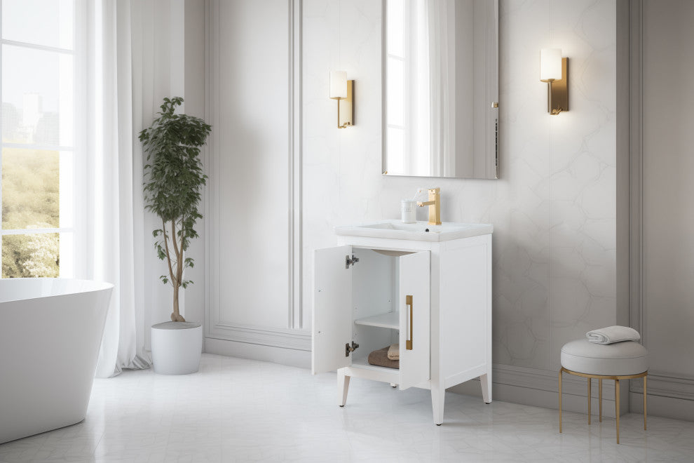 Vanity Art Bathroom Vanity With Sink, White, 24", Single Sink, Golden Brushed