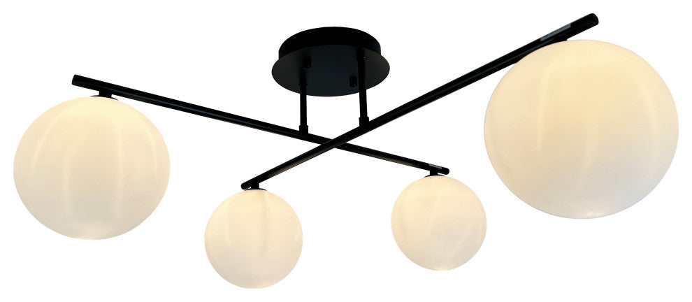Kinich 12 in. 4-Light Black Semi Flush with White Glass Globes