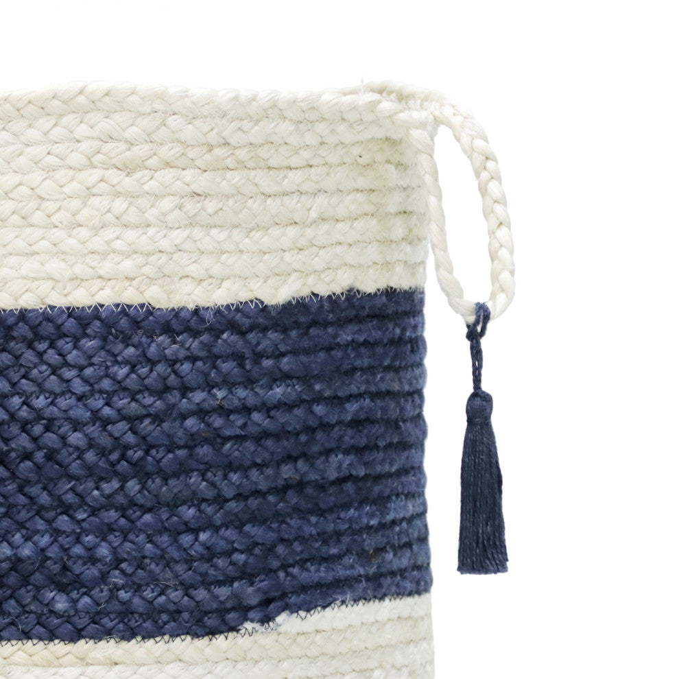 Bold Striped Off-White Jute Decorative Storage Basket with Handles