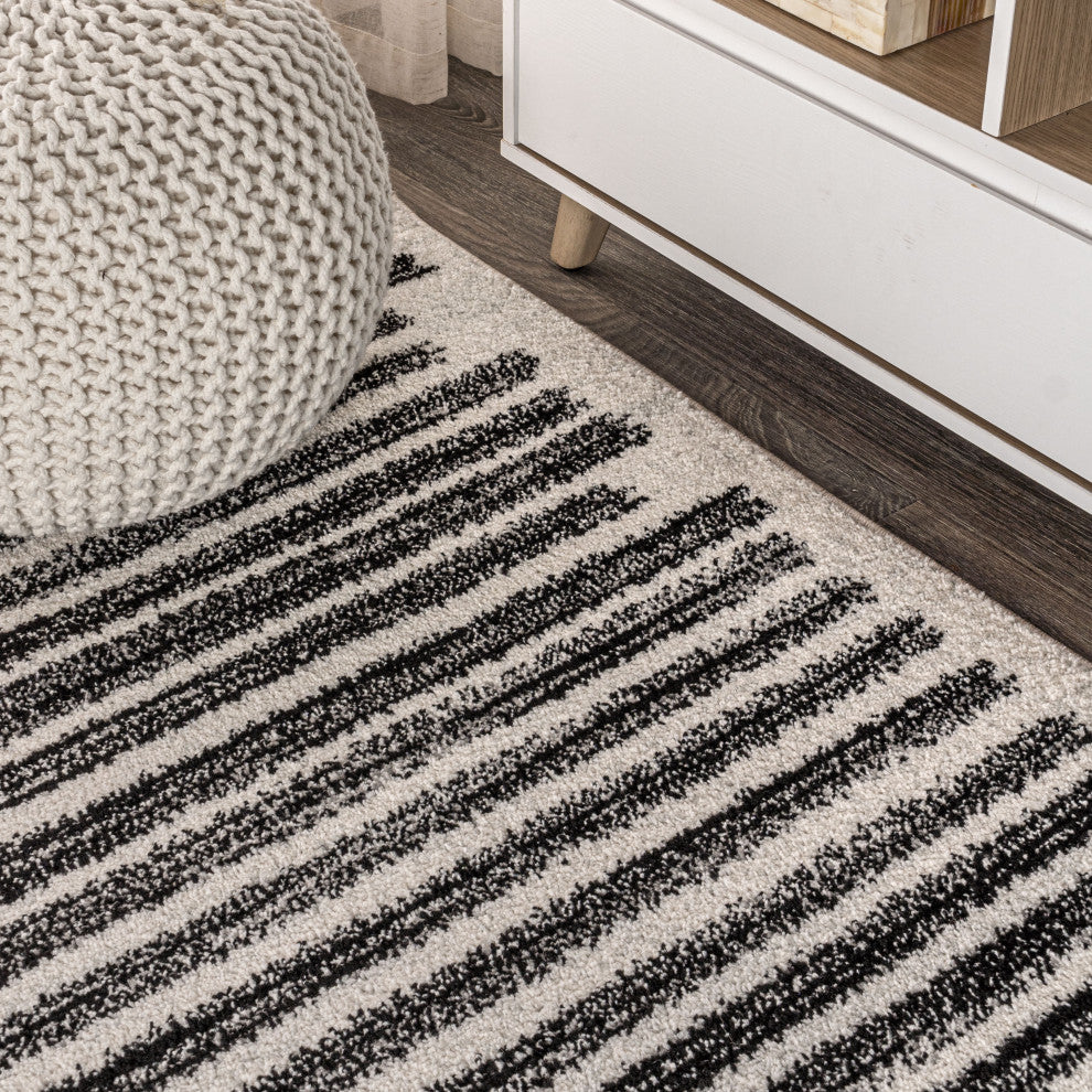 Khalil Modern Berber Stripe Area Rug, Cream/Black, 12 Ft. X 18 Ft.
