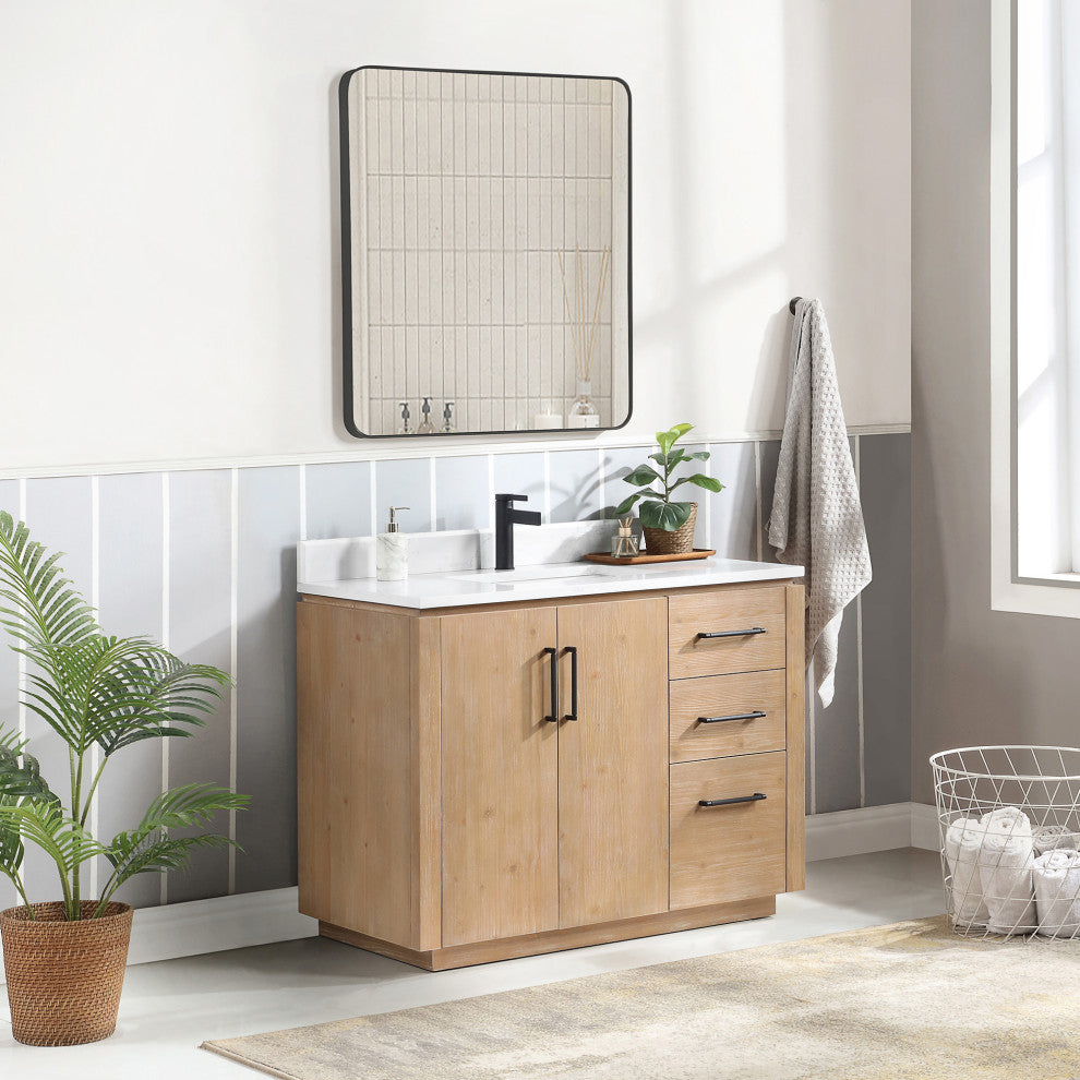 San Bath Vanity with Stone Top, Fir Wood Brown, 42", Single Vanity, With Mirror