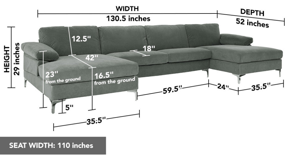 Large Velvet Fabric U-Shape Sectional Sofa, Grey