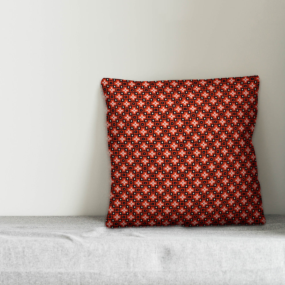 Red Floral Squares Throw Pillow Cover, 18"x18"