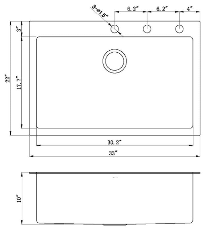 33" Topmount 16 Gauge Single Bowl, Sink With Faucet and Strainer