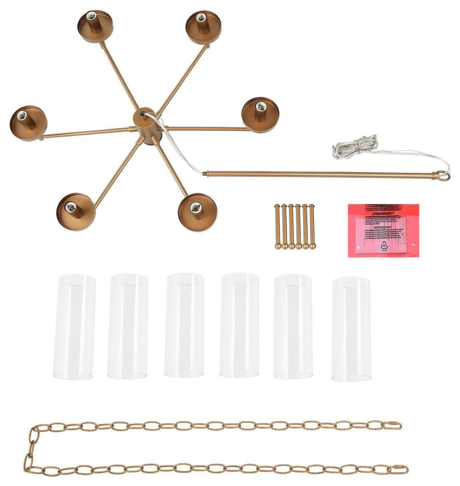 LNC 6-Light Modern Candle-Style Glass-Cylinder Chandelier, Brass