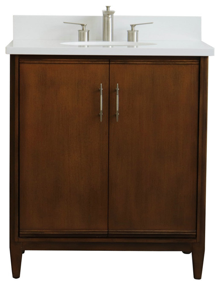 31" Single Sink Vanity, Walnut Finish, White Engineered Stone Top With Oval Sink