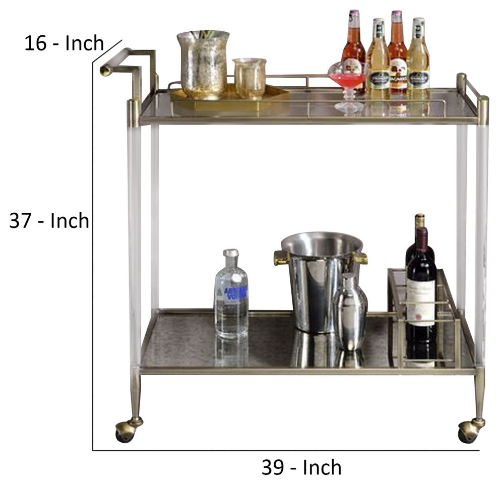 Benzara BM269070 2 Tier Serving Cart With Acrylic and Metal Frame, Brass