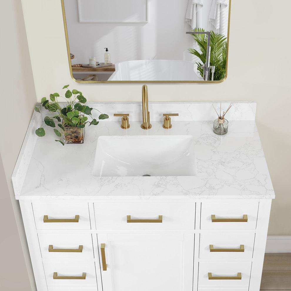 Gavino Vanity With Grain White Composite Stone Top, White/Brushed Gold, 42", No Mirror