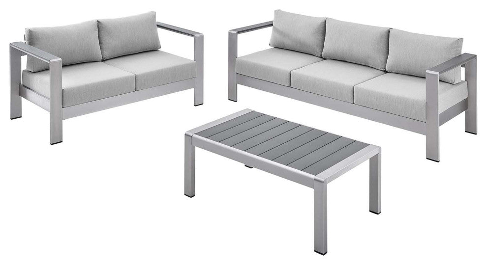 Sectional Sofa Chair Table Set, Sunbrella, Aluminum, Silver Gray, Outdoor