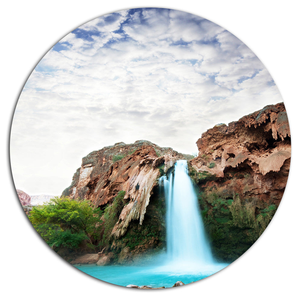 Amazing Waterfall Under Cloudy Sky, Landscape Round Wall Art, 11"