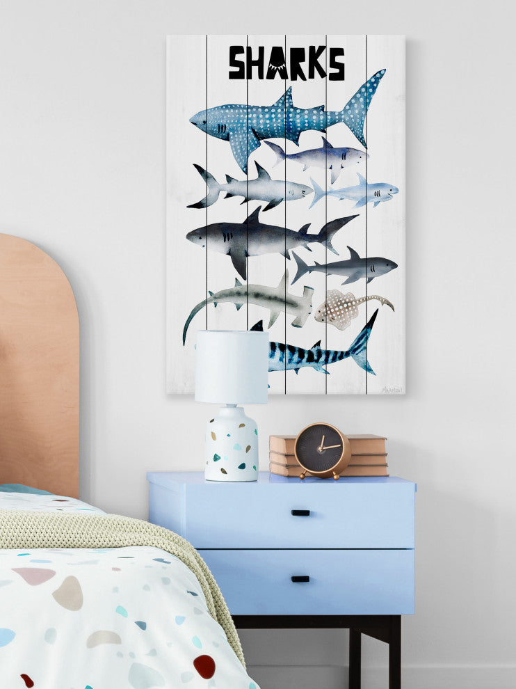 "Sharks" Painting Print on White Wood, 12x18