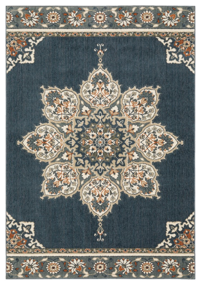 10' X 13' Blue And Beige Floral Medallion Indoor Area Rug