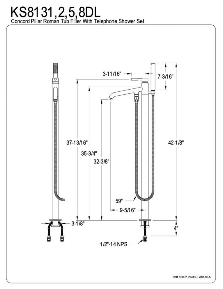 Concord Single Handle Pillar Roman Tub Filler with Telephone Shower Set