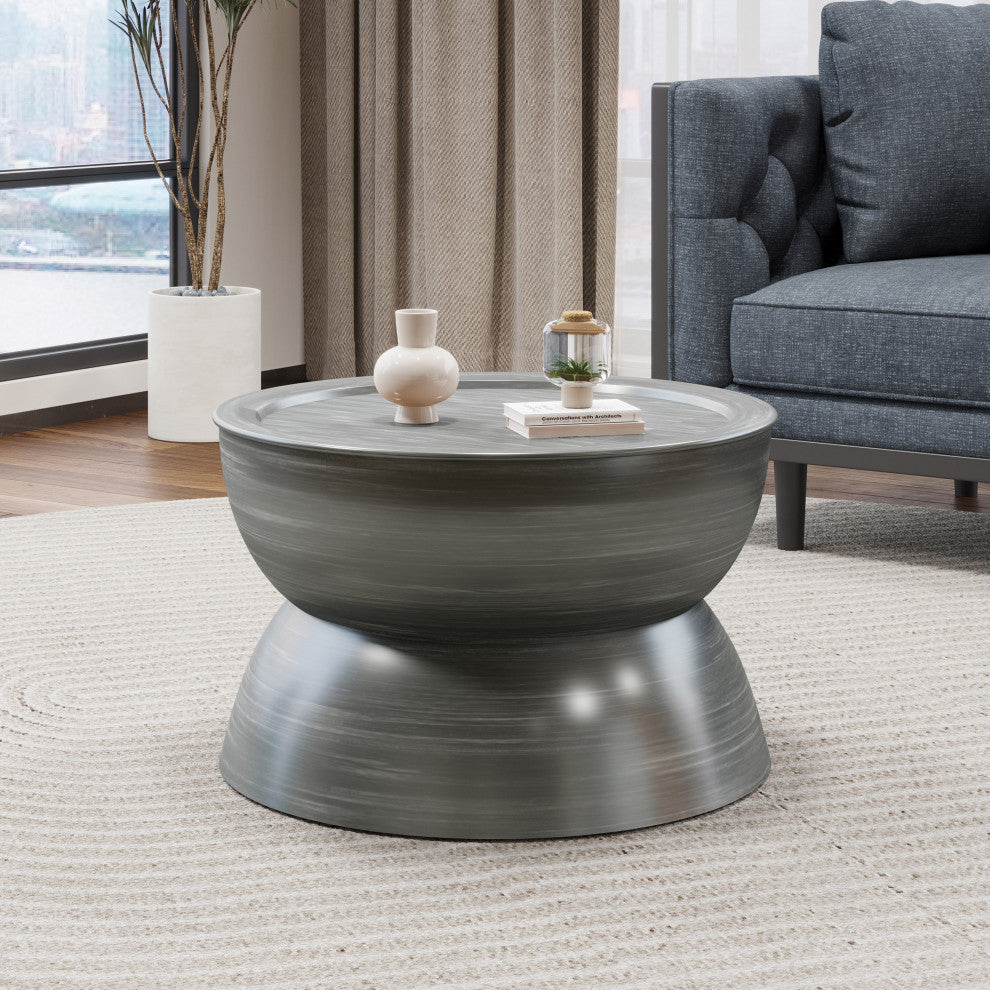 Sparling Modern Iron Hourglass Coffee Table, Brushed Antique Silver