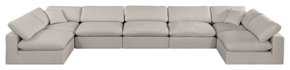 Comfy Upholstered U-Shaped Modular Sectional, Beige, 7-Piece: 5 Armless Chair, 2 Corner Chair, Linen Textured Fabric