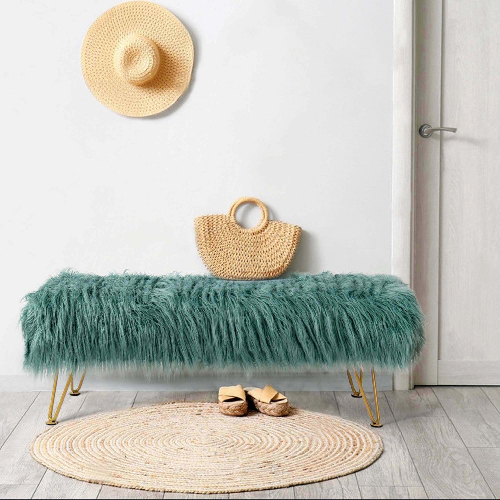 Mongolian Faux Fur Upholstered Ottoman Bench, Oil Blue, 46x16x22