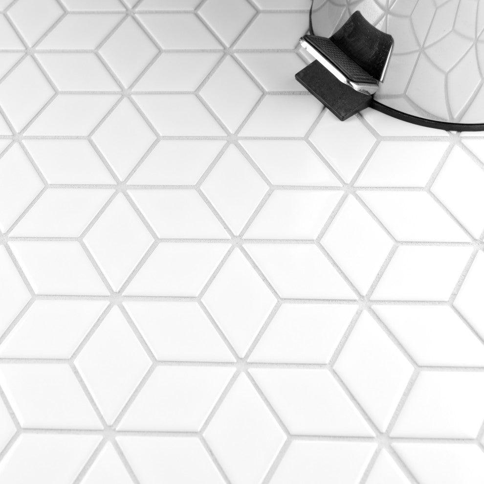 Metro Rhombus Mosaic Floor and Wall Tile, Glossy White