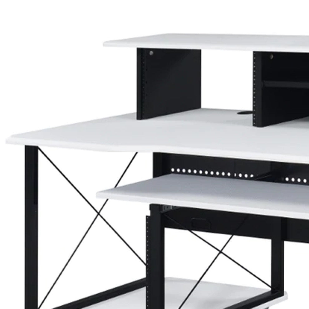 Benzara BM276206 Desk Workstation, Crossed Metal Panels, Keyboard Tray, White