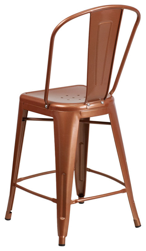 24'' High Copper Metal Indoor-Outdoor Counter Height Stool with Back