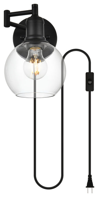 1 Light Black And Clear Swing Arm Plug, Wall Sconce