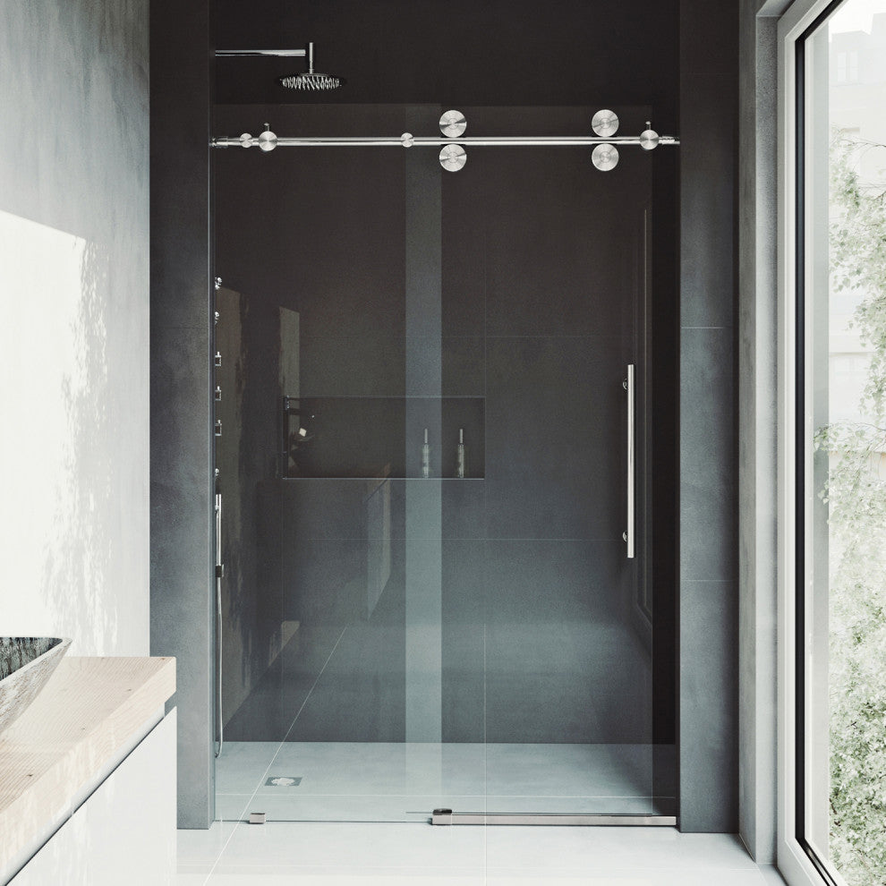 VIGO Elan 48" to 52" W x 74" H Frameless Sliding Shower Door, Stainless Steel, Clear Glass