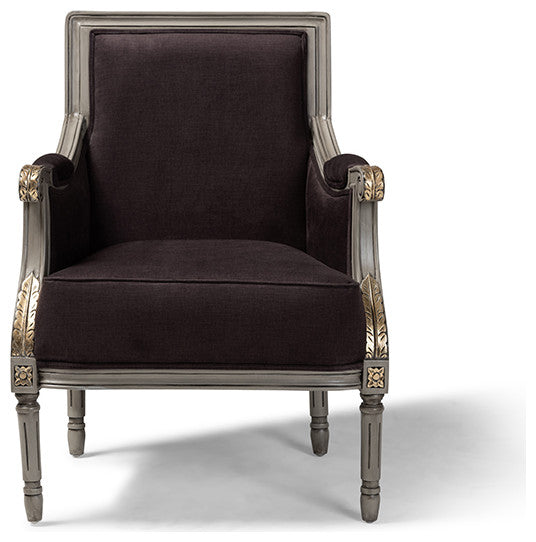 Georgette French Inspired Brown Velvet Gray Armchair With Goldleaf Detailing
