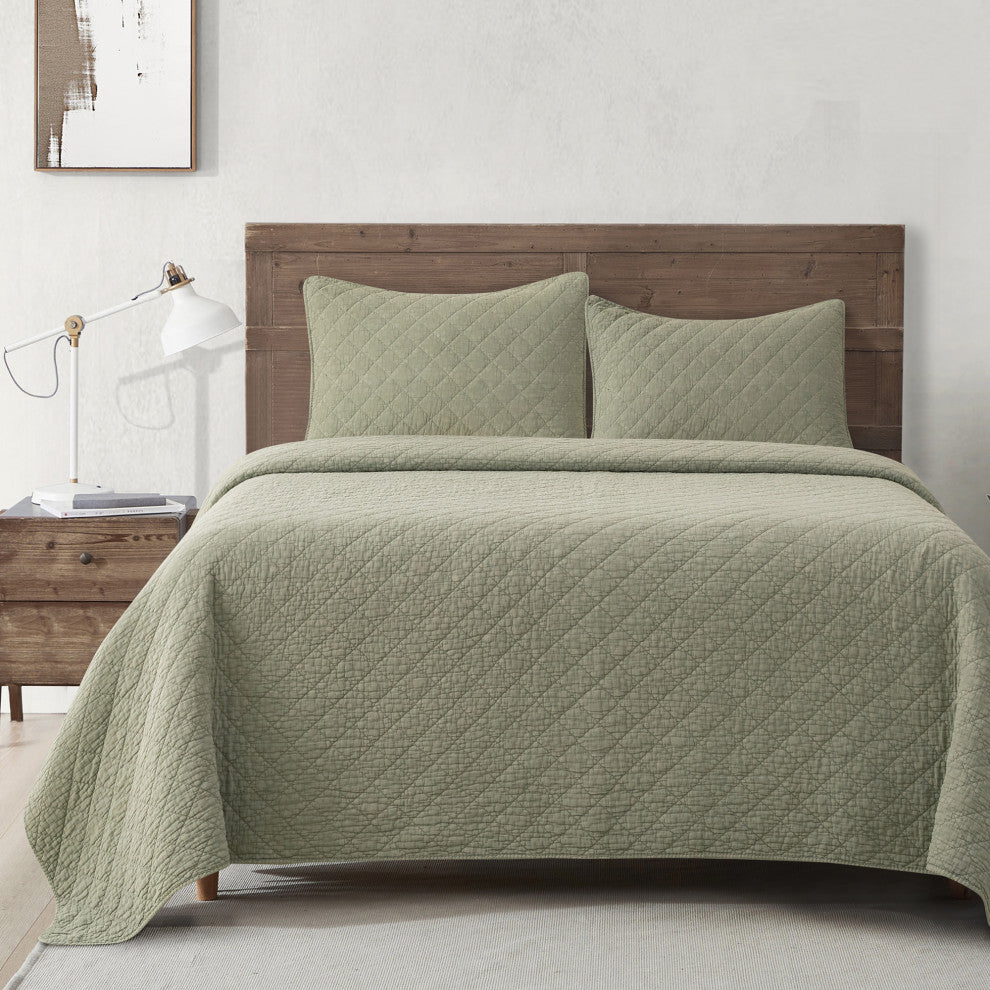 Stonewashed Cotton Gauze Quilt Set, 3-Piece, Celadon, King