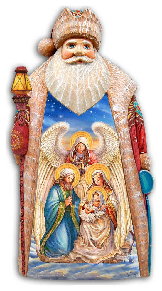Nativity with Angel Santa Hand-Painted Wood Carved Masterpiece by G. DeBrekht
