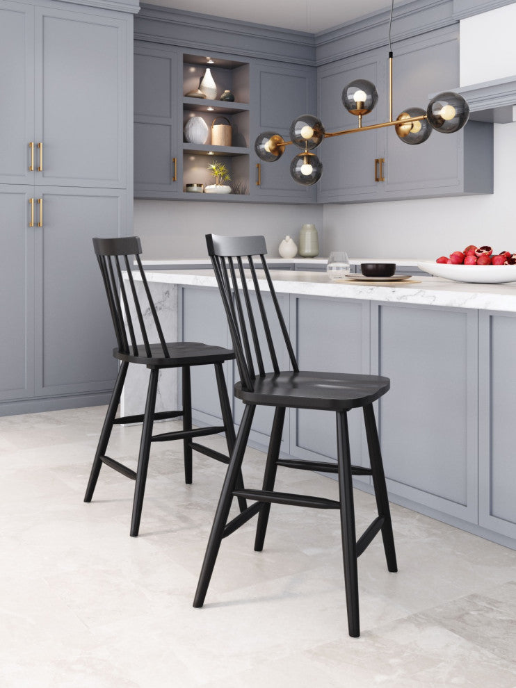 Counter Stool Chair, Set of 2, Wood, Black, Mid Century Bar Kitchen Cafe Bistro
