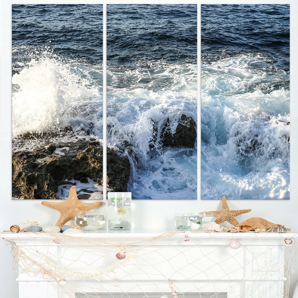 "Waves Breaking on Stony Beach" Metal Wall Art, 3 Panels, 36"x28"