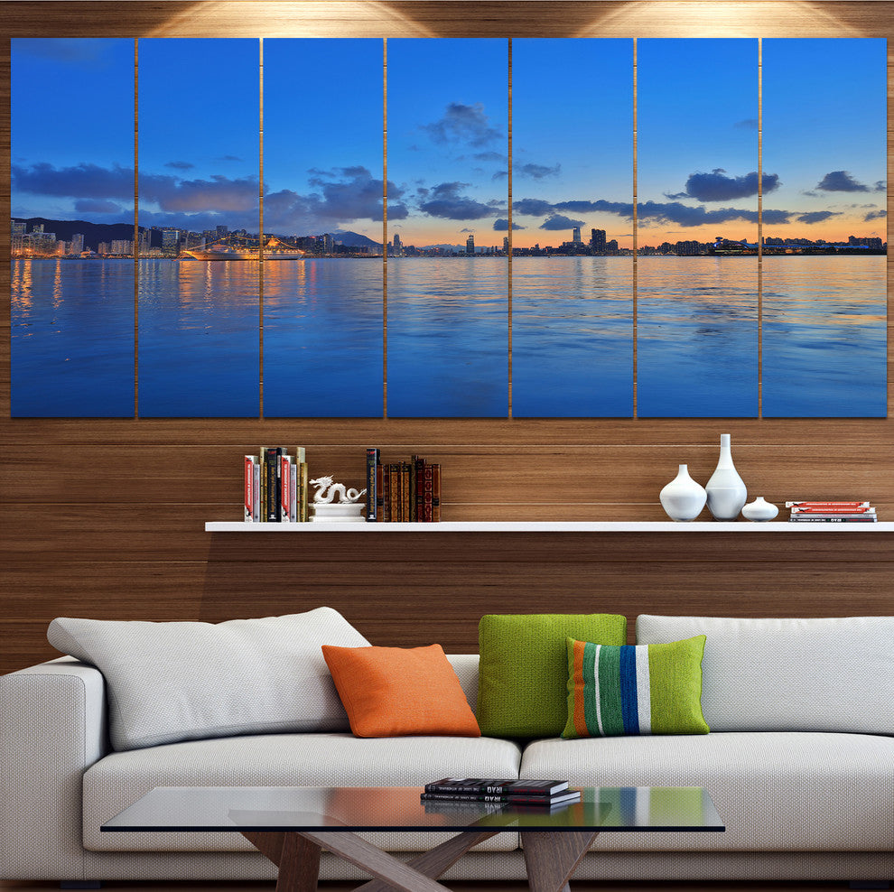 Hong Kong Skyline at Summer Night, Abstract Wall Art Canvas, 83"x32", 7 Panels