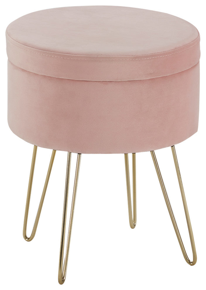 Round Storage Velvet Vanity Stool with Removable Lid, Pink