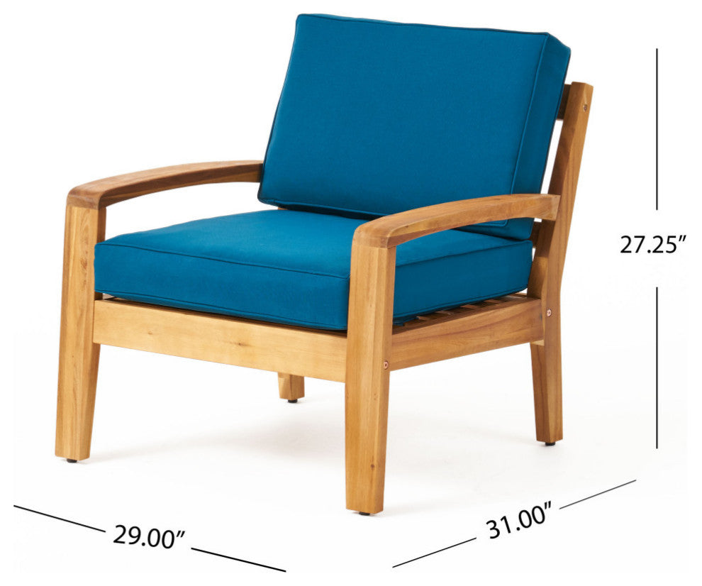 Monterey Outdoor Acacia Wood Club Chairs With Cushions, Set of 4, Teak Finish and Dark Teal