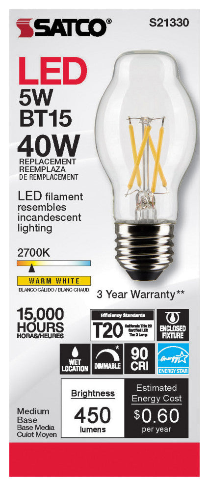 5W BT15 LED, Clear, Medium Base, 90 CRI, 2700K, 120V