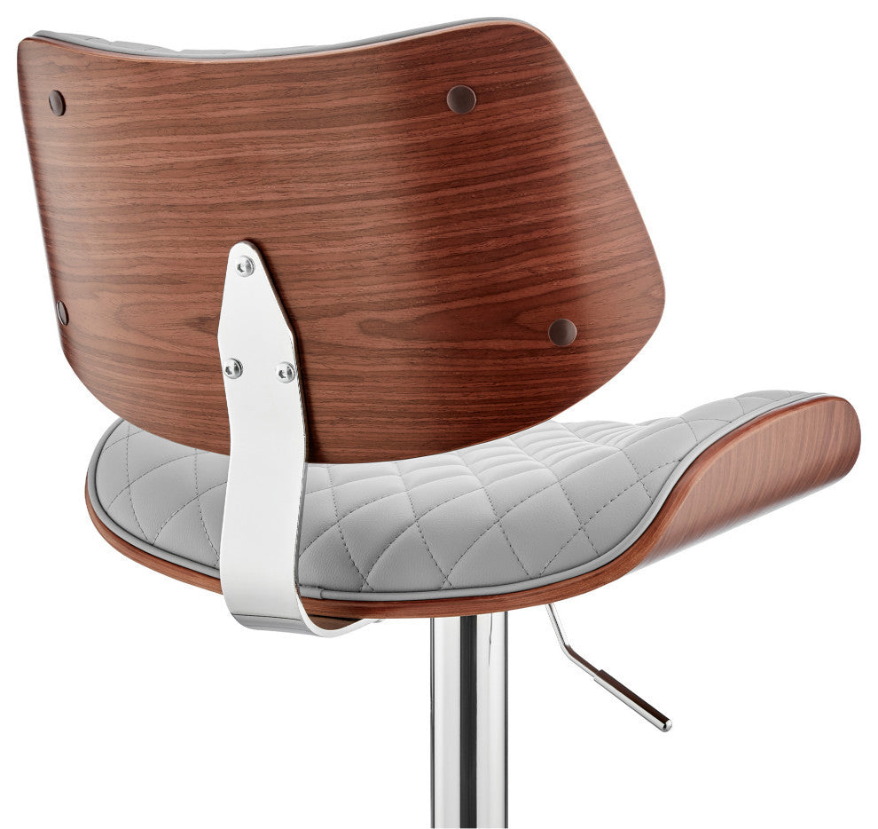 Leland Adjustable Faux Leather and Metal Bar Stool, Gray and Chrome