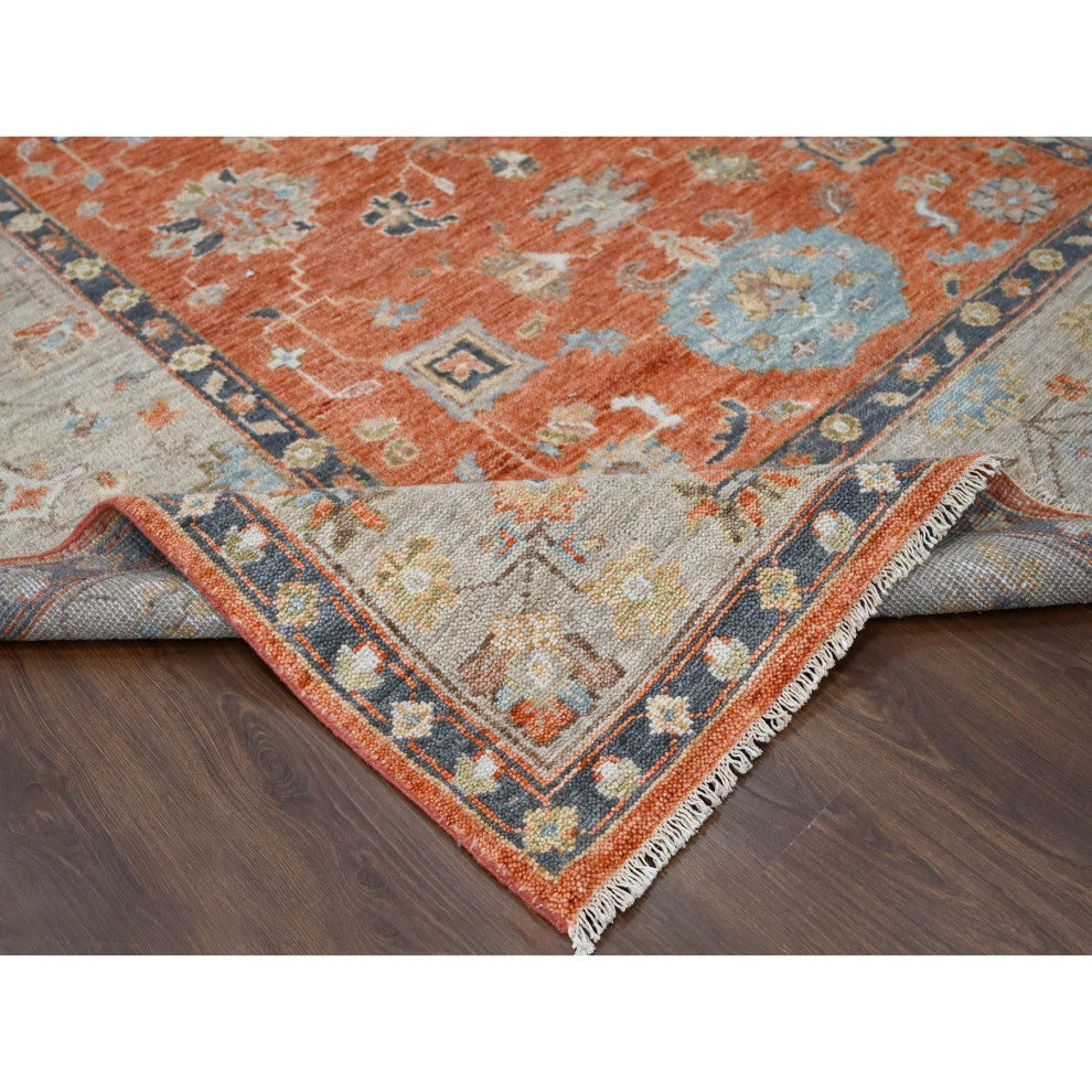 Rust Red Hand Knotted Oushak Design Extra Soft Wool Oriental Rug, 8'10"x11'10"