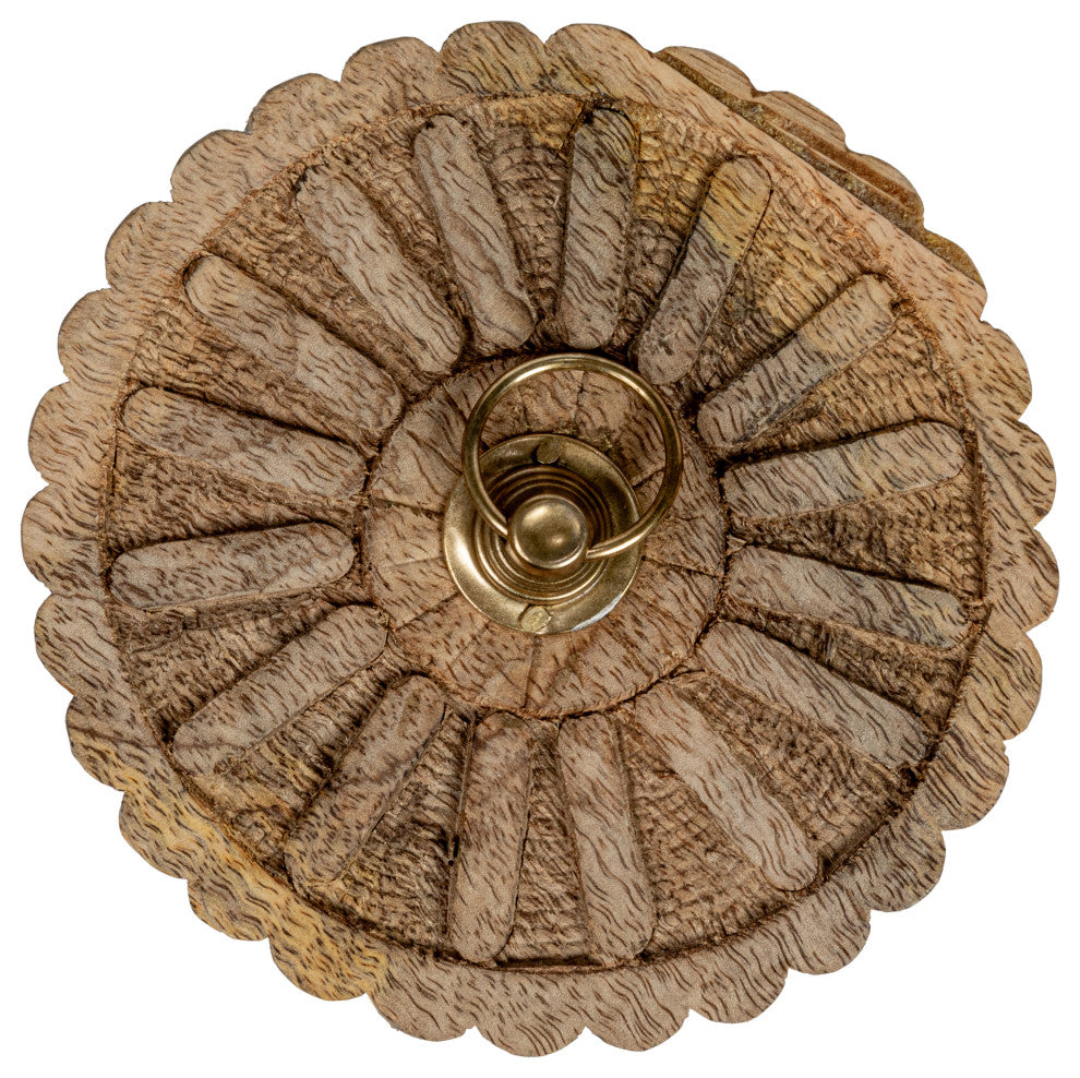 5.75" Round Carved Mango Wood Pleated Box, Lid, Metal Pull, Antique Gold