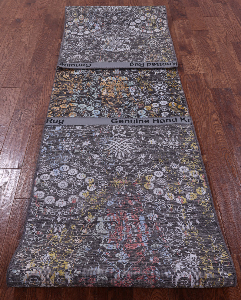 Runner Modern Wool & Silk Handmade Rug 2' 7" X 14' 0" - Q14910
