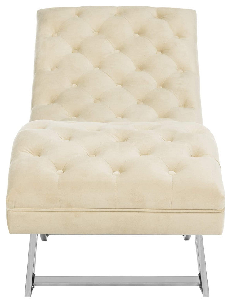 Modern Beige Velvet and Chrome Chaise with Headrest Pillow
