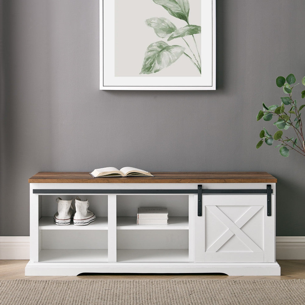 Farmhouse Storage Bench, Sliding Door With X-Front & 2 Adjustable Shelves, White