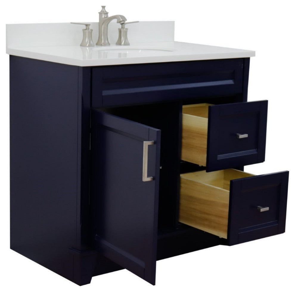 37" Single Sink Vanity, Blue Finish With White Engineered Stone Top